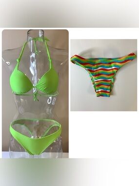 Recco Size Small Green & Striped Bikini Set, Made in Brazil, New With Tags